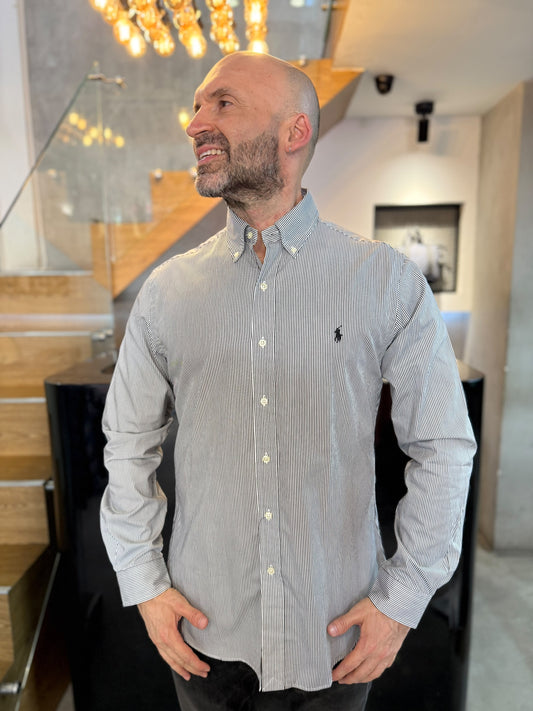 Camisa Polo R.L hombre Algodón Slim Fit Rayas Negras Con Blanco Caballo Negro