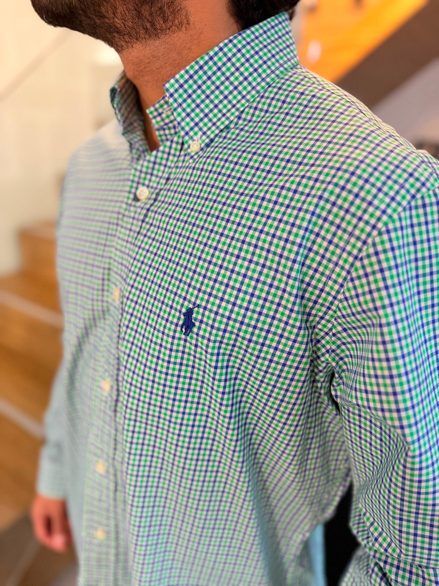 Camisa Polo R.L hombre Algodón Cuadros Verdes Con Azul Caballo Azul