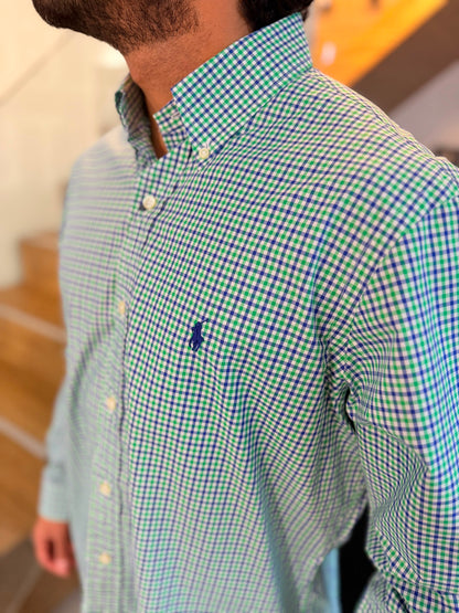 Camisa Polo R.L hombre Algodón Cuadros Verdes Con Azul Caballo Azul