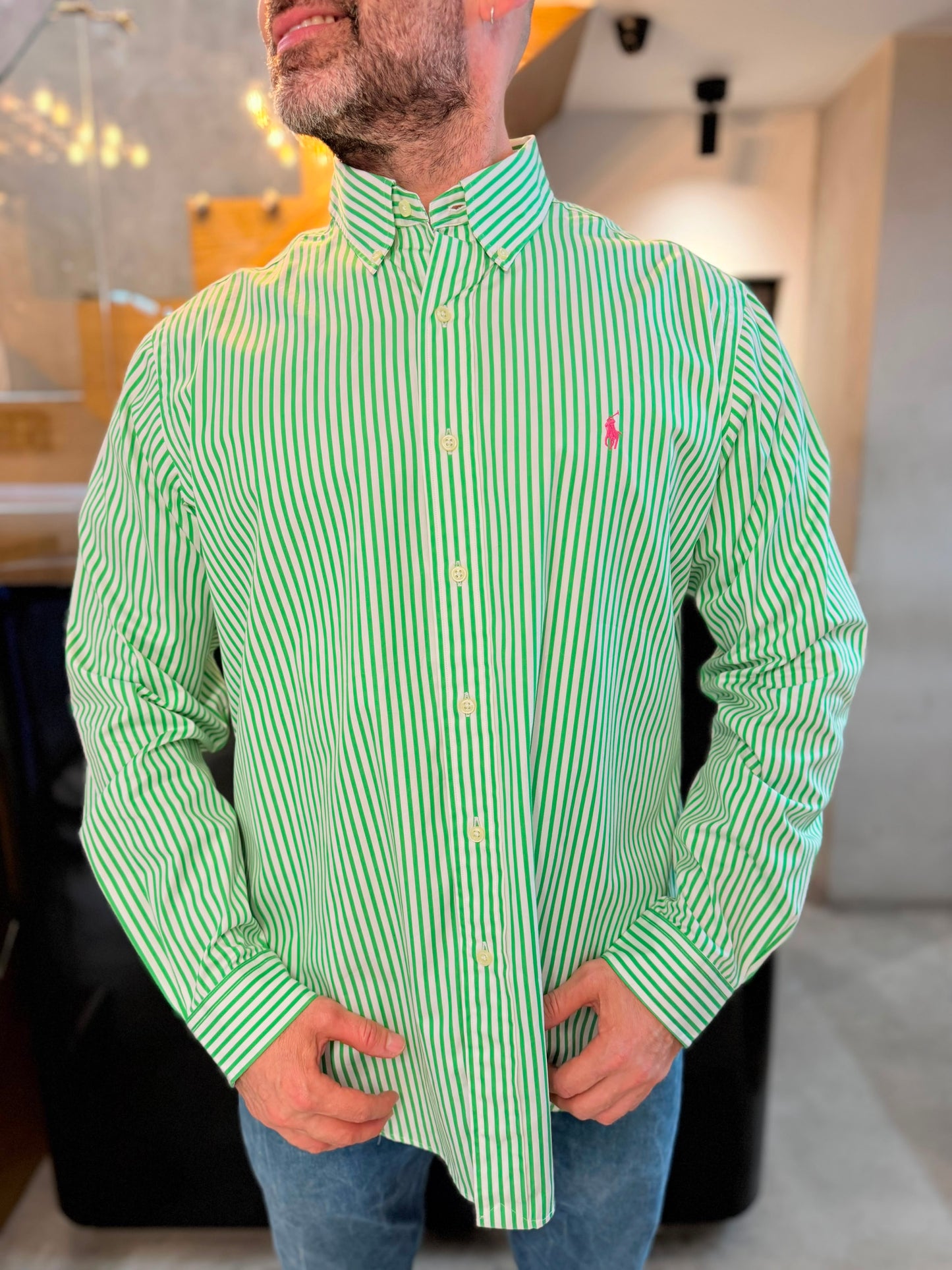 Camisa Polo R.L hombre Algodón Custom Fit Rayas Verdes Con Blanco Caballo Fucsia