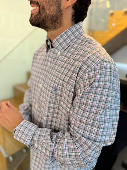 Camisa Polo R.L hombre Algodón Cuadros Grises Con Rosado Caballo Azul Bebe
