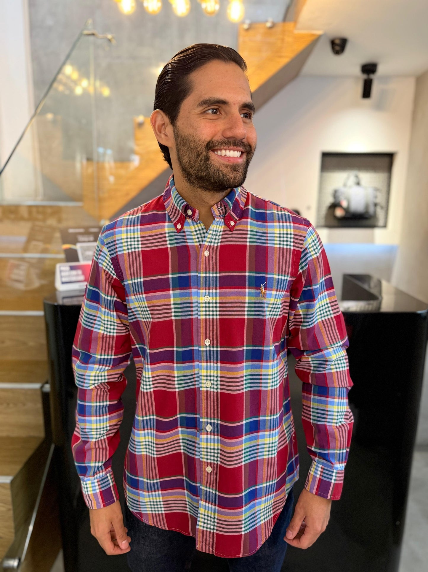 Camisa Polo R.L hombre Oxford Cuadros Rojos Caballo Multicolor