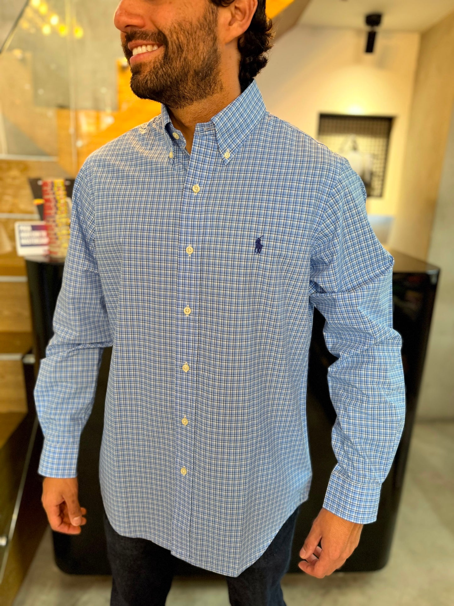 Camisa Polo R.L hombre Algodón Cuadros Azules Caballo Azul