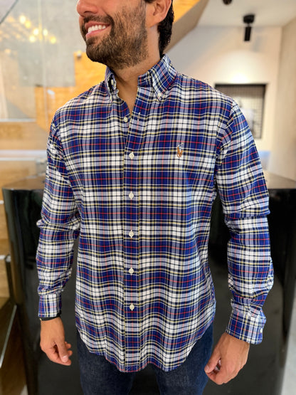 Camisa Polo R.L hombre Oxford Cuadros Azules Con Blanco Caballo Multicolor