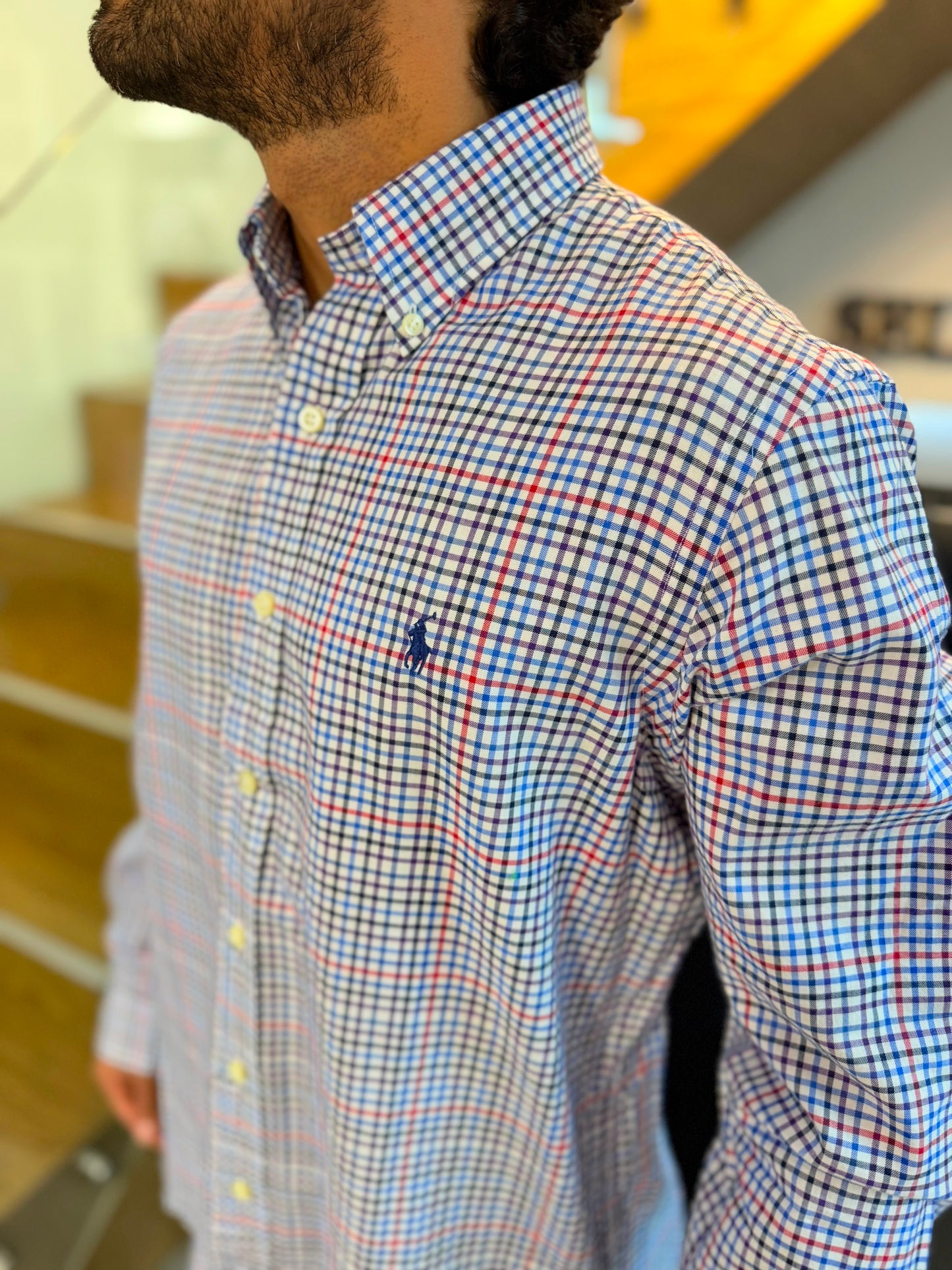 Camisa Polo R.L hombre Algodón Cuadros Caballo Azul