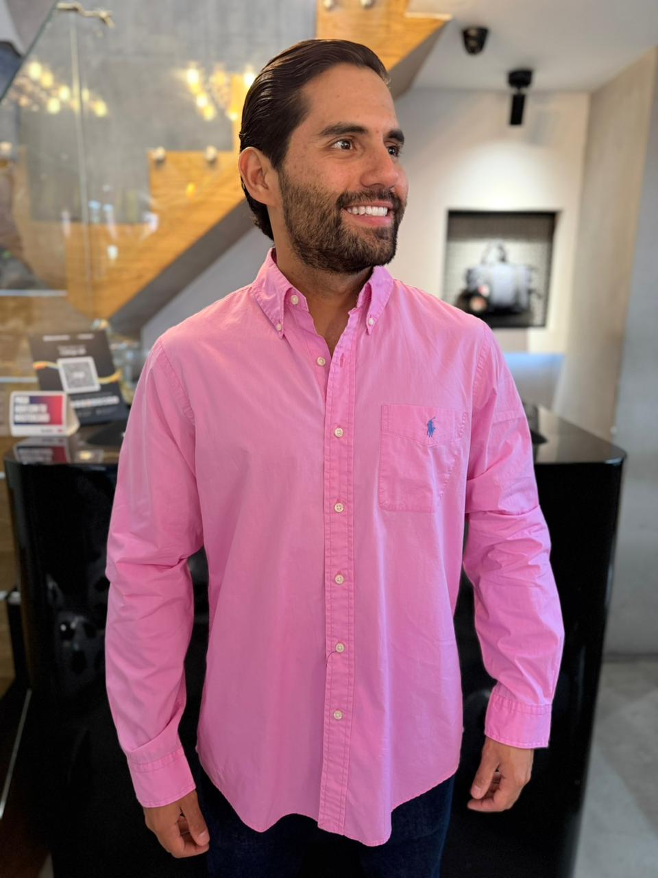 Camisa Polo R.L hombre Algodón Rosada Bolsillo Caballo Celeste