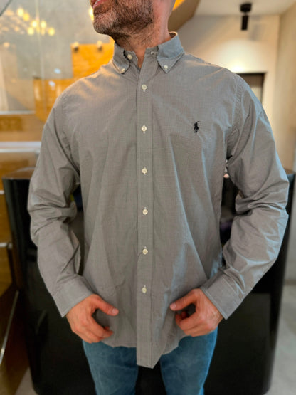 Camisa Polo R.L hombre Algodón Cuadros Negros Con Blanco Caballo Negro
