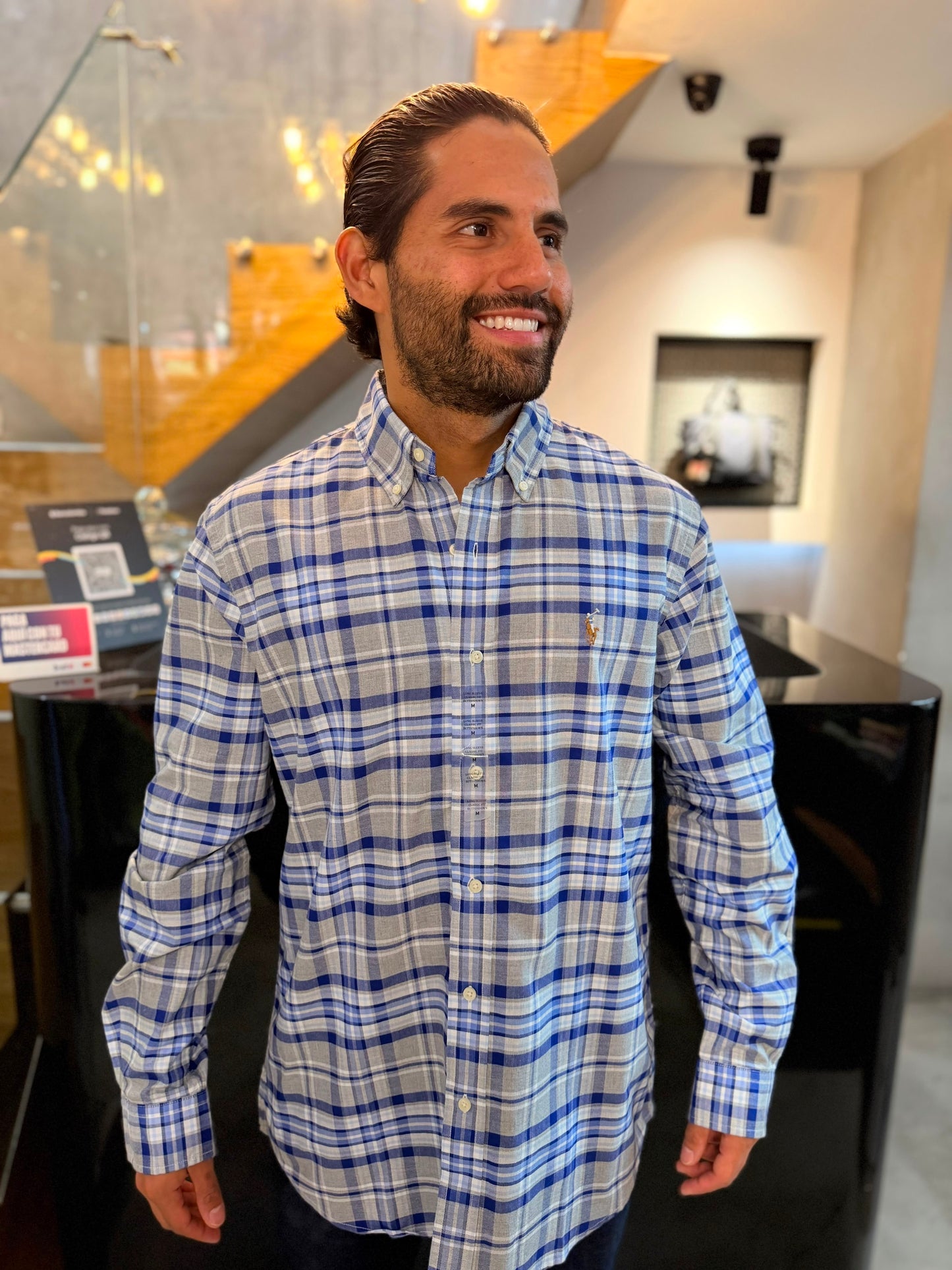 Camisa Polo R.L hombre Oxford Gris Con Azul Caballo Multicolor
