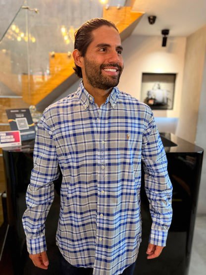 Camisa Polo R.L hombre Oxford Gris Con Azul Caballo Multicolor