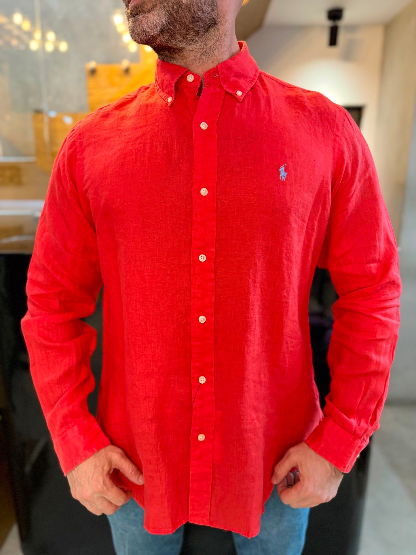 Camisa Polo R.L hombre Lino Coral Caballo Celeste