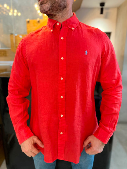 Camisa Polo R.L hombre Lino Coral Caballo Celeste