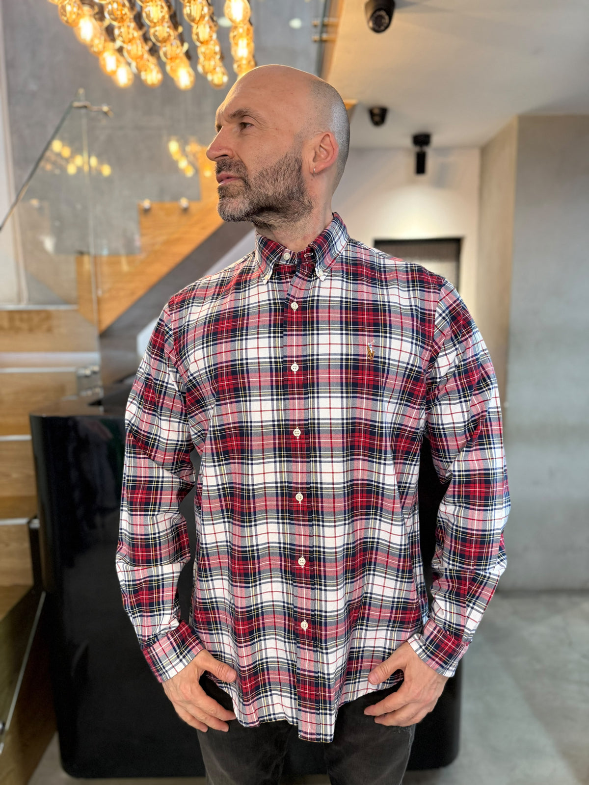 Camisa Polo R.L hombre Oxford Cuadros Blancos Con Rojo Caballo Multicolor