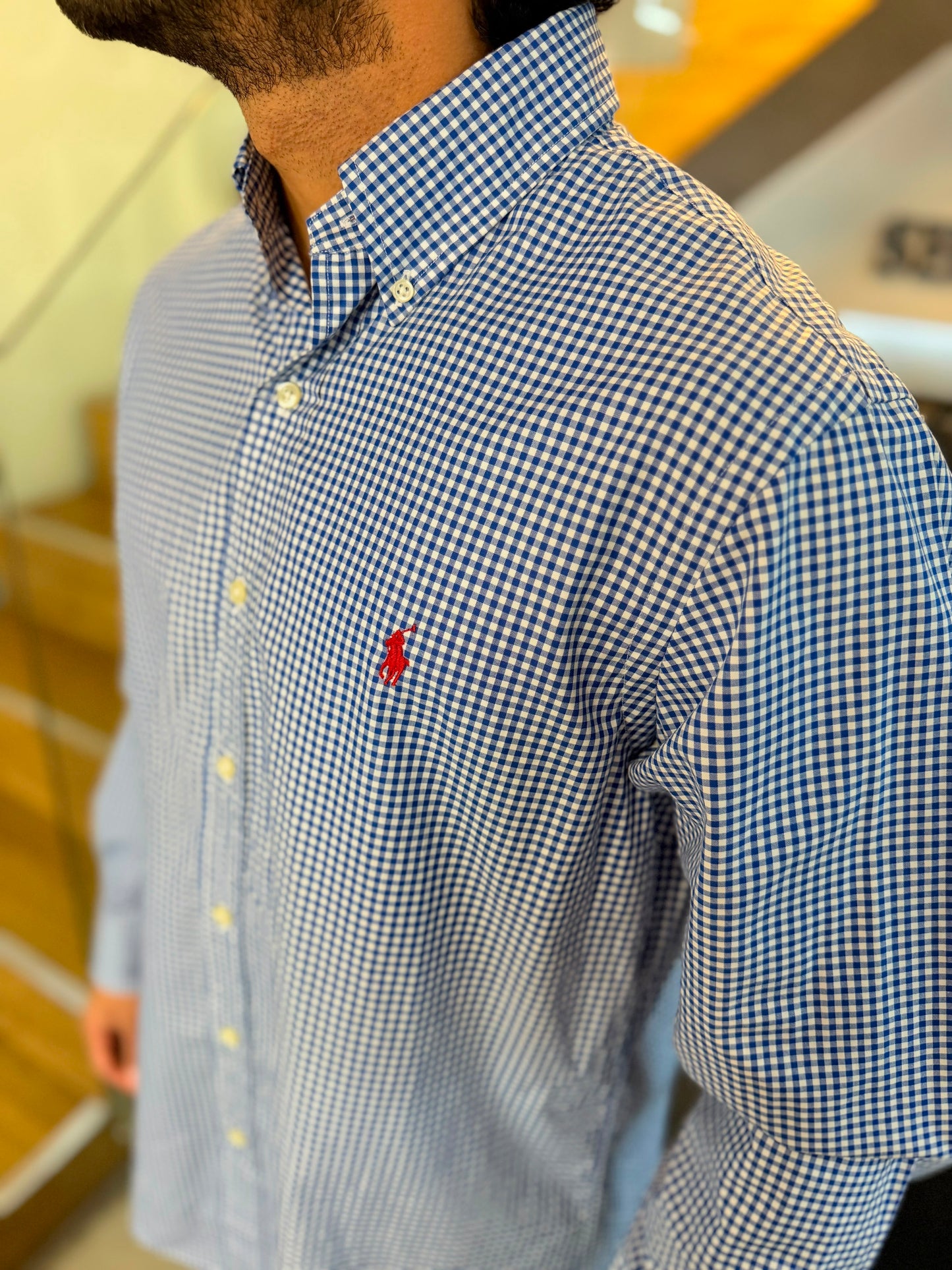 Camisa Polo R.L hombre Algodón Cuadros Azules Con Blanco Caballo Rojo