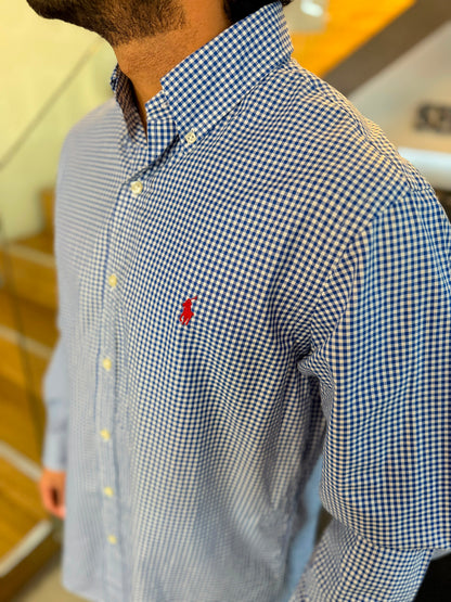 Camisa Polo R.L hombre Algodón Cuadros Azules Con Blanco Caballo Rojo