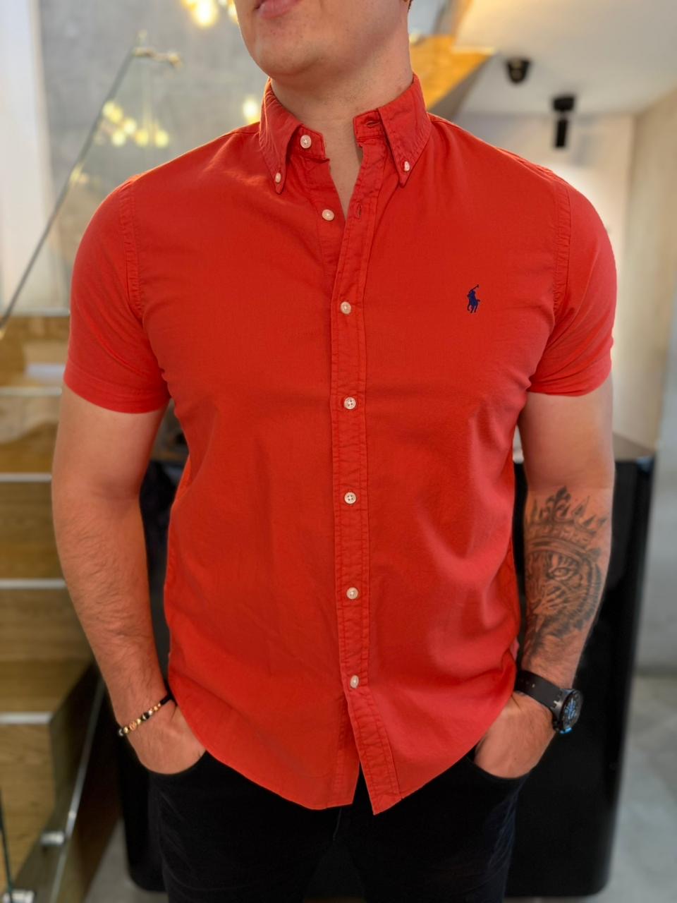 Camisa Polo R.L hombre Oxford Manga Corta Coral Caballo Azul