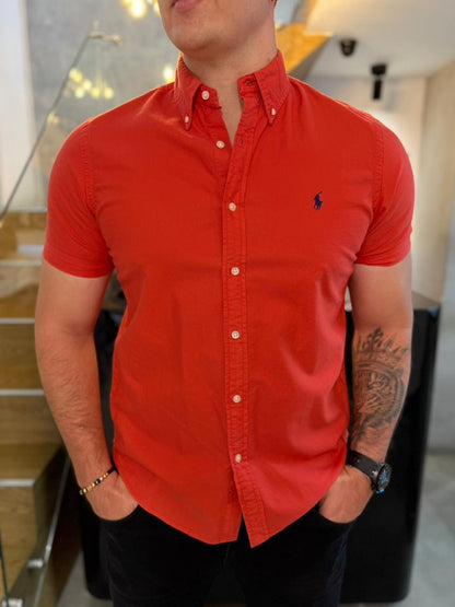 Camisa Polo R.L hombre Oxford Manga Corta Coral Caballo Azul