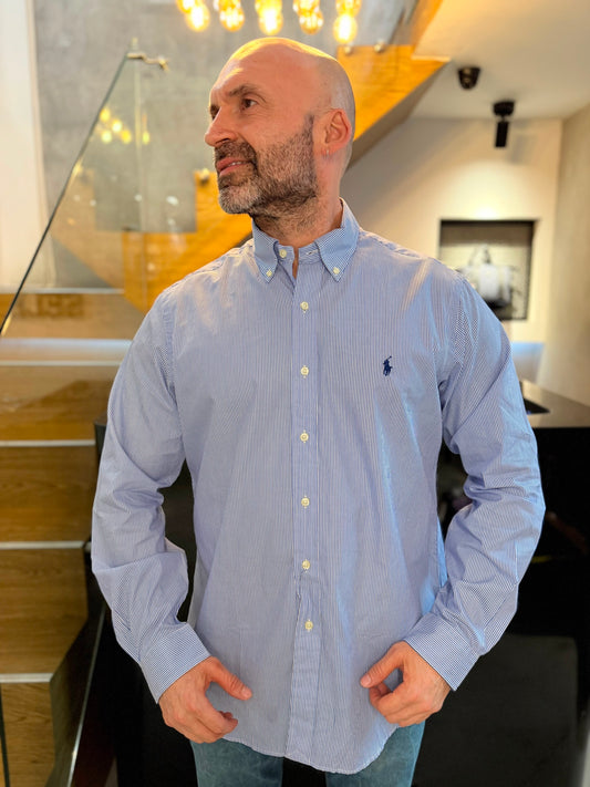 Camisa Polo R.L hombre Algodón Rayas Azules Con Blanco Caballo Azul