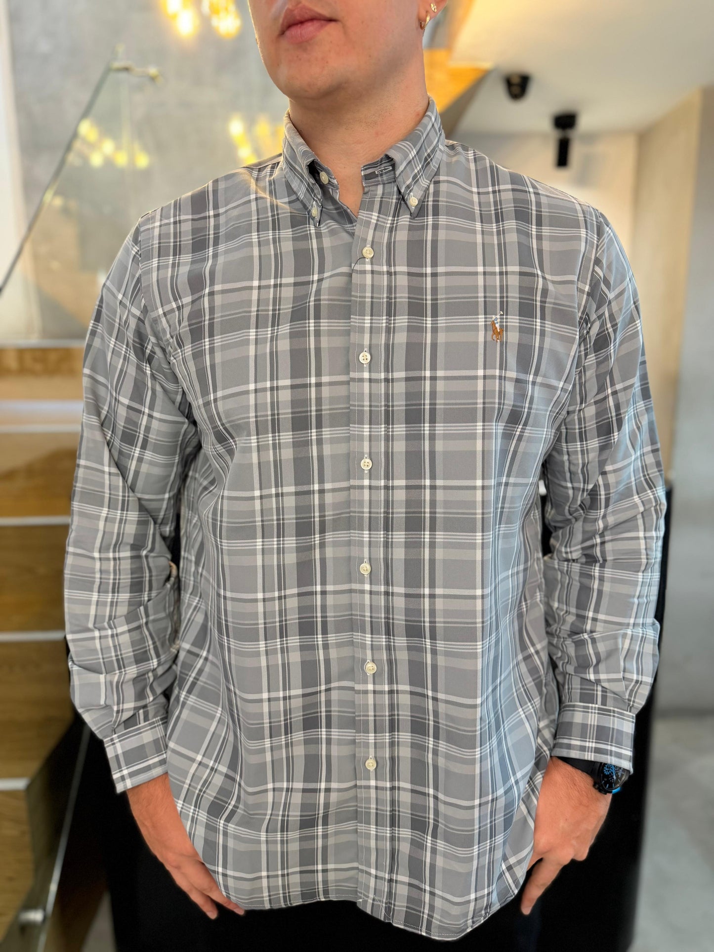 Camisa Polo R.L hombre Algodón Cuadros Gris Caballo Multicolor
