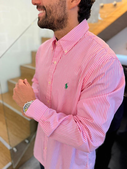 Camisa Polo R.L hombre Algodón Rayas Rosadas Caballo Verde