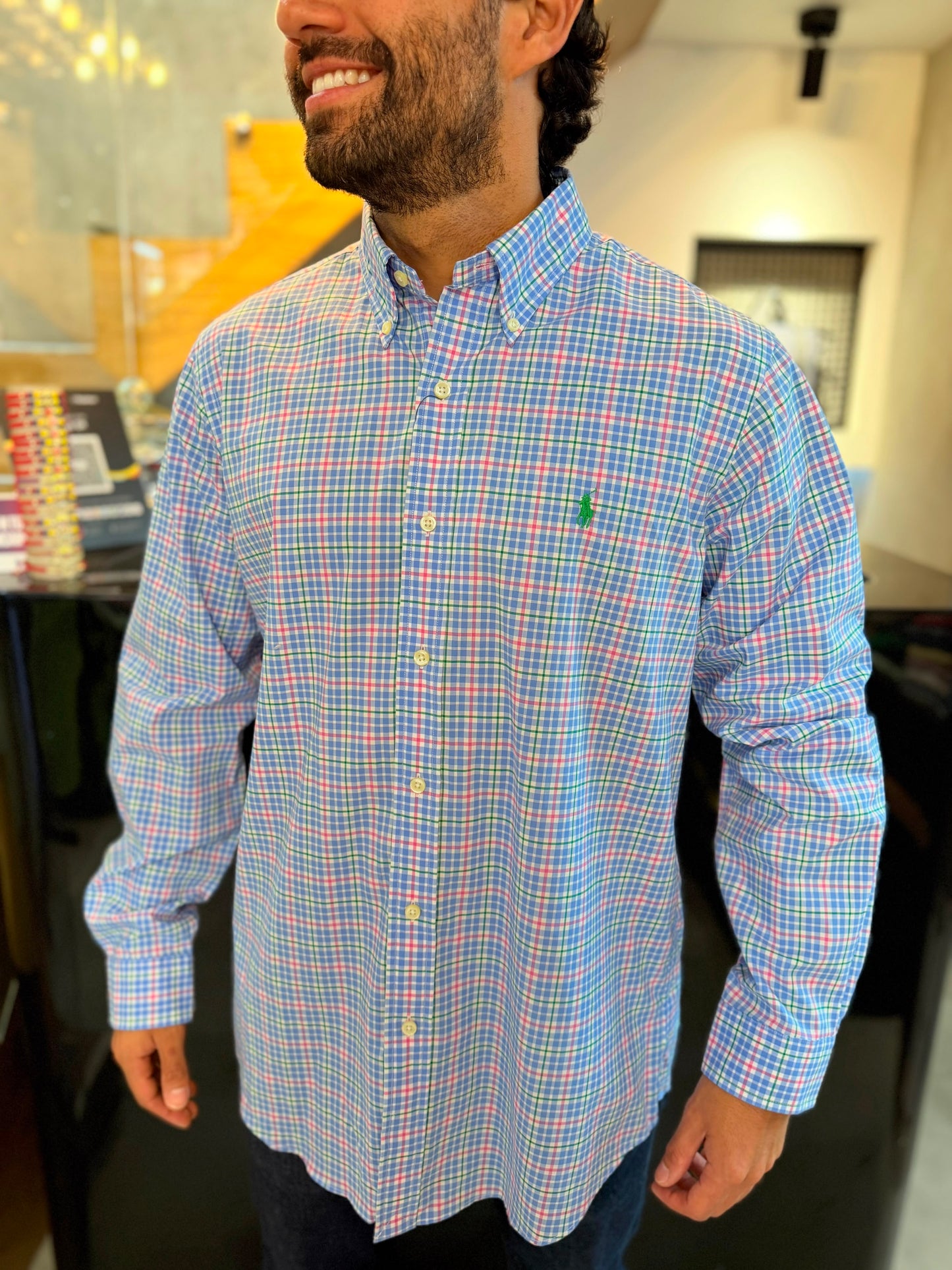 Camisa Polo R.L hombre Algodón Cuadros Celestes Con Rosa Caballo Verde