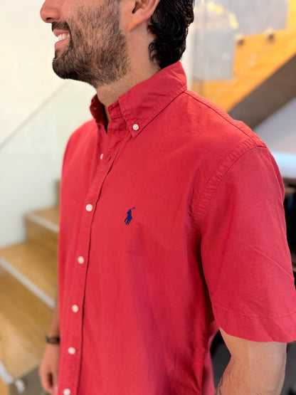 Camisa Polo R.L hombre Oxford Manga Corta Roja Caballo Azul