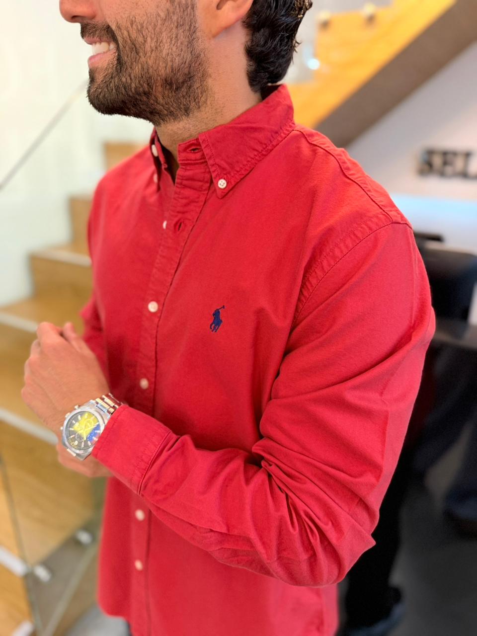 Camisa Polo R.L hombre Oxford  Roja Caballo Azul