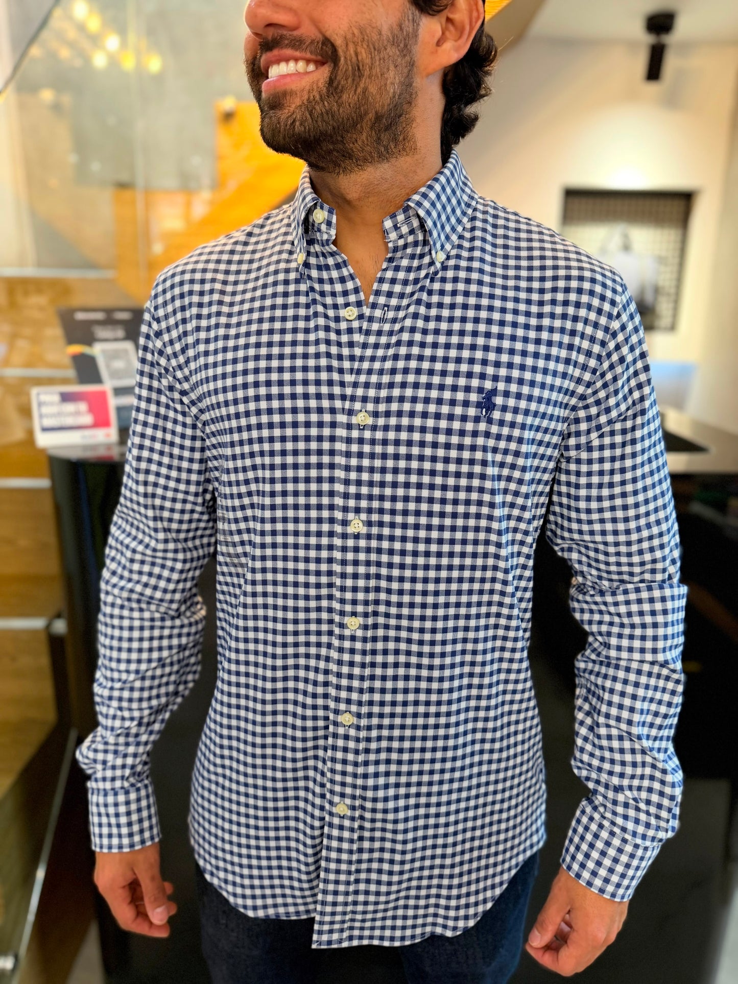 Camisa Polo R.L hombre Algodón Performance Cuadros Azules Con Blanco Caballo Azul