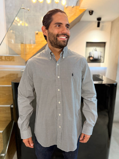 Camisa Polo R.L hombre Algodón Cuadros Negros Con Blanco Caballo Azul