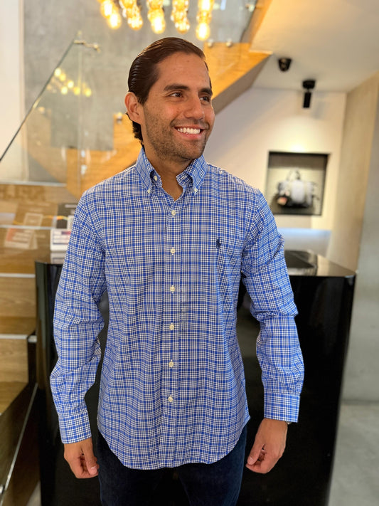 Camisa Polo R.L hombre Algodón Cuadros Azules Caballo Azul