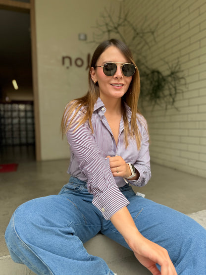 Camisa Polo R.L Dama Algodón Rayas Morado Caballo Morado