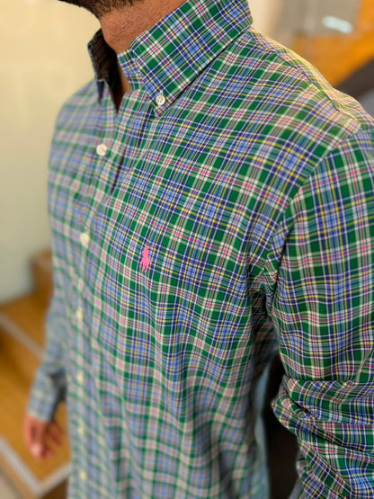 Camisa Polo R.L hombre Algodón Cuadros Verdes Caballo Rosado