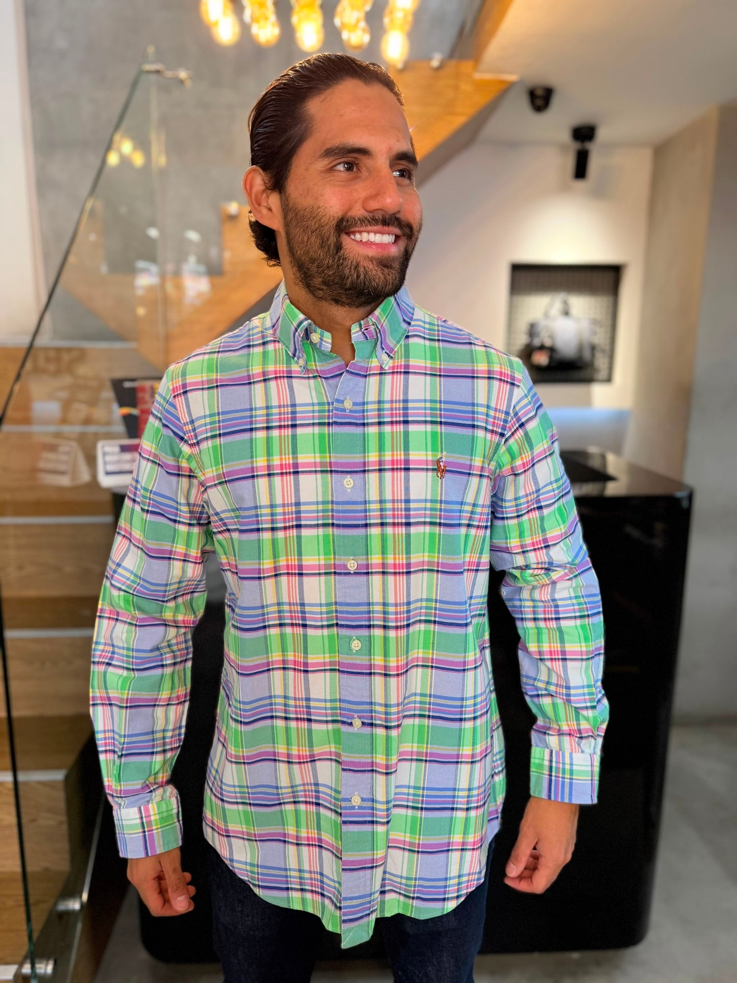 Camisa Polo R.L hombre Oxford Cuadros Verdes Con Azul Caballo Multicolor