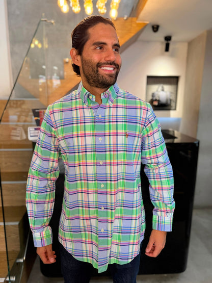 Camisa Polo R.L hombre Oxford Cuadros Verdes Con Azul Caballo Multicolor