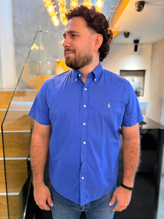Camisa Polo R.L hombre Algodón Manga Corta Azul Caballo Verde