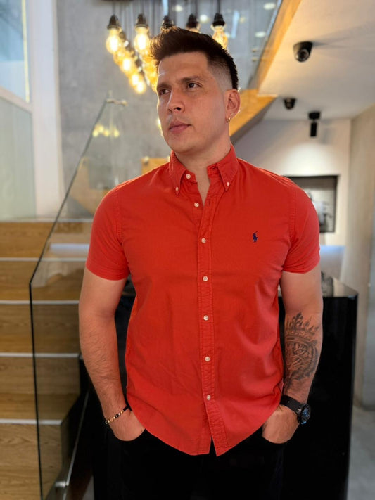 Camisa Polo R.L hombre Oxford Manga Corta Coral Caballo Azul