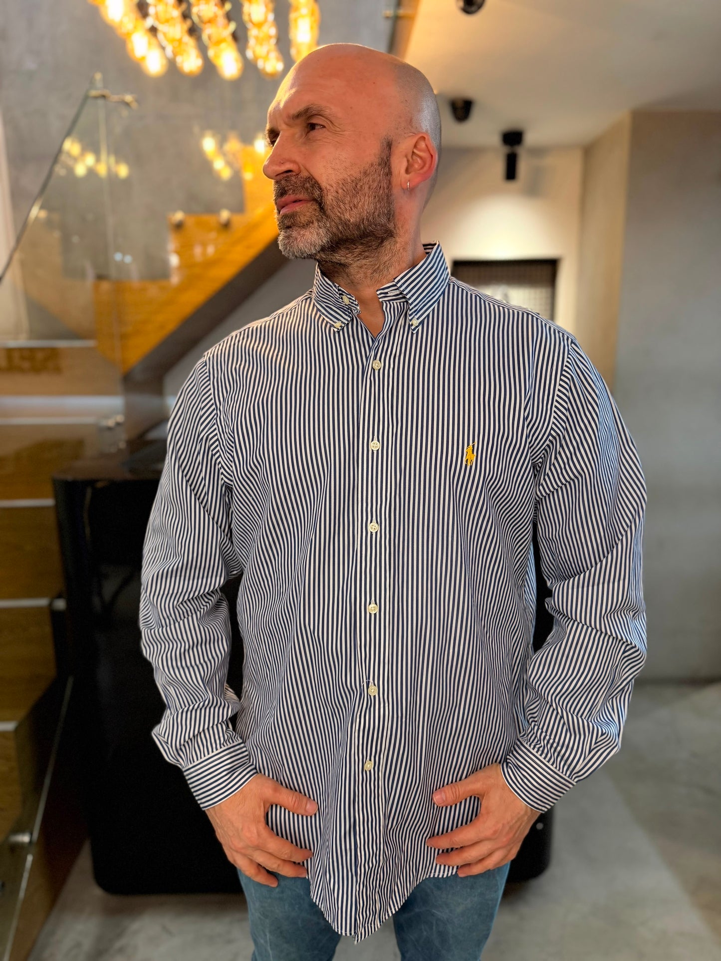 Camisa Polo R.L hombre Algodón Rayas Azules Con Blanco Caballo Amarillo