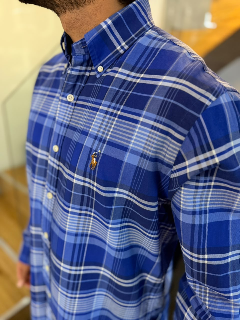Camisa Polo R.L hombre Oxford Cuadros Azules Caballo Multicolor