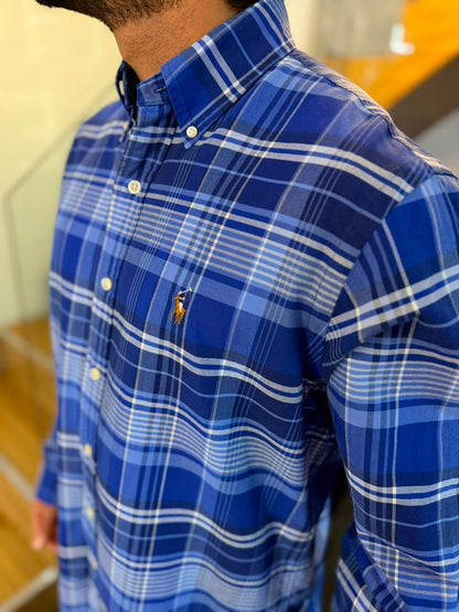 Camisa Polo R.L hombre Oxford Cuadros Azules Caballo Multicolor