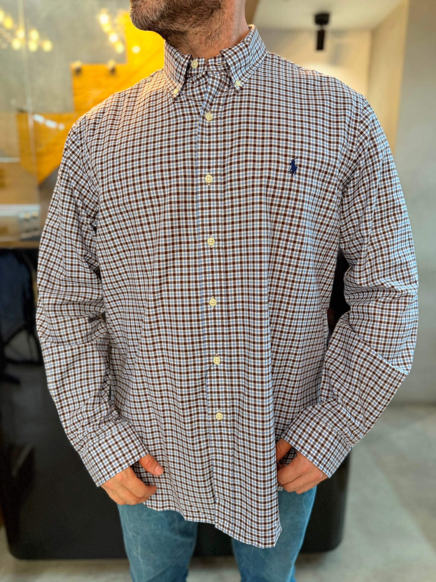 Camisa Polo R.L hombre Algodón Cuadros Cafés Con Blanco Caballo Azul