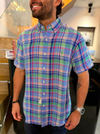 Camisa Polo R.L hombre Lino Manga Corta Cuadros Colores Caballo Verde