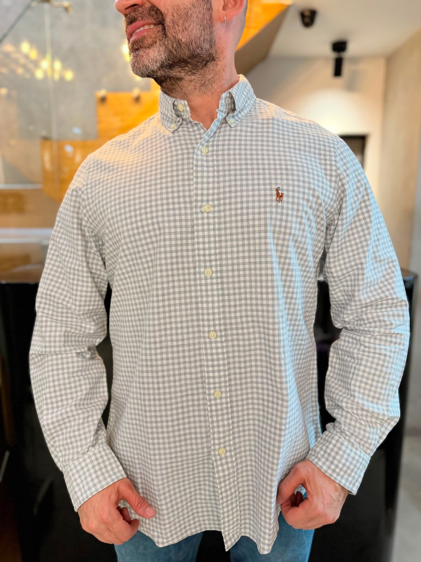 Camisa Polo R.L hombre Oxford Cuadros Grises Caballo Multicolor