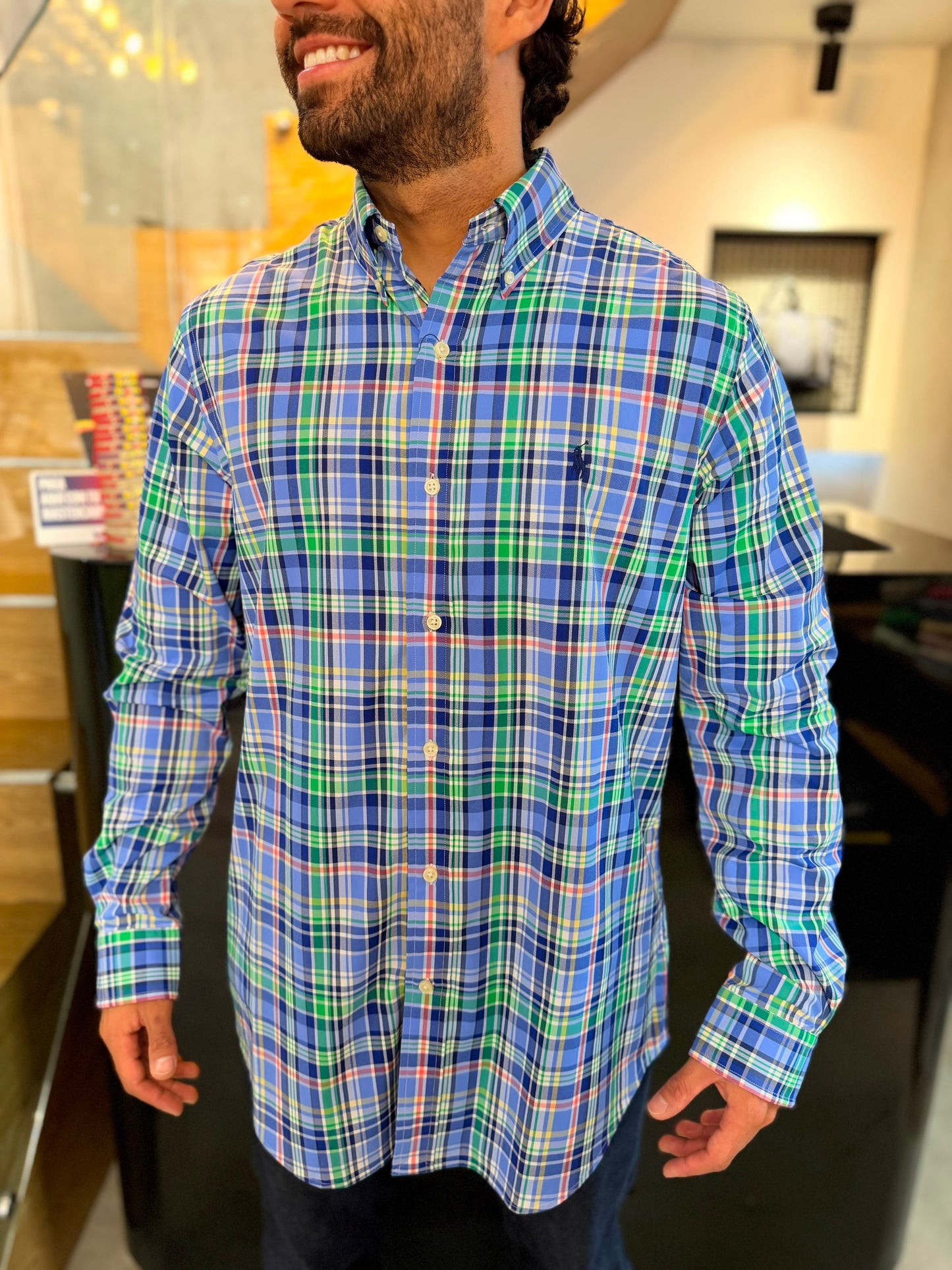 Camisa Polo R.L hombre Algodón Performance Cuadros Azules Con Verde Caballo Azul