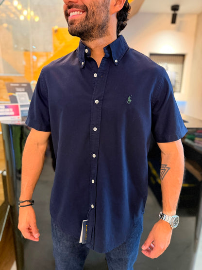 Camisa Polo R.L hombre Oxford Manga Corta Azul Oscura Caballo Verde