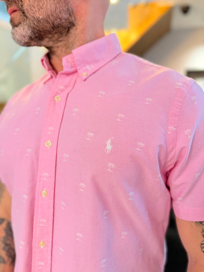 Camisa Polo R.L hombre Oxford Rosada Palmeras Manga Corta Caballo Blanco