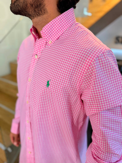 Camisa Polo R.L hombre Algodón Cuadros Rosados Con Blanco Caballo Verde