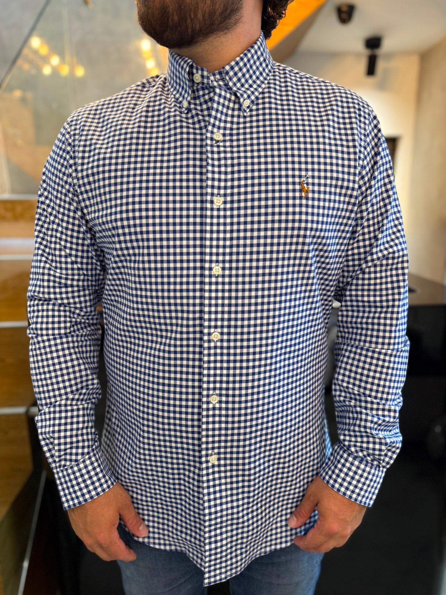 Camisa Polo R.L hombre Oxford Slim fit Cuadros Azules Caballo Multicolor