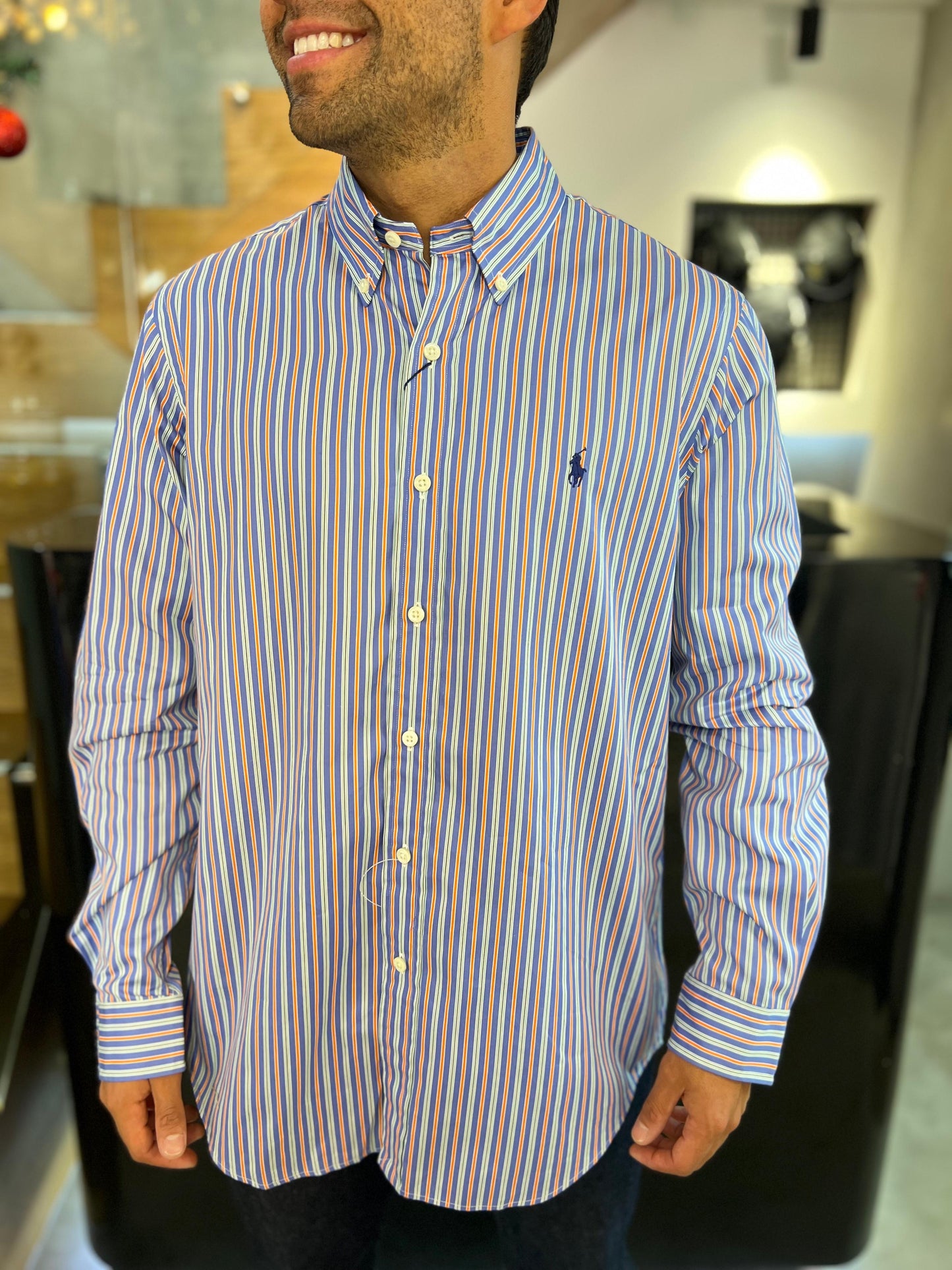 Camisa Polo R.L hombre Algodón Rayas Caballo Azul