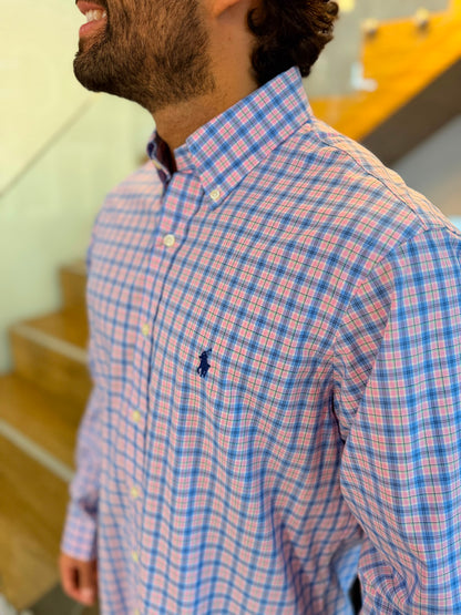 Camisa Polo R.L hombre Algodón Cuadros Rosados Con Celeste Caballo Azul