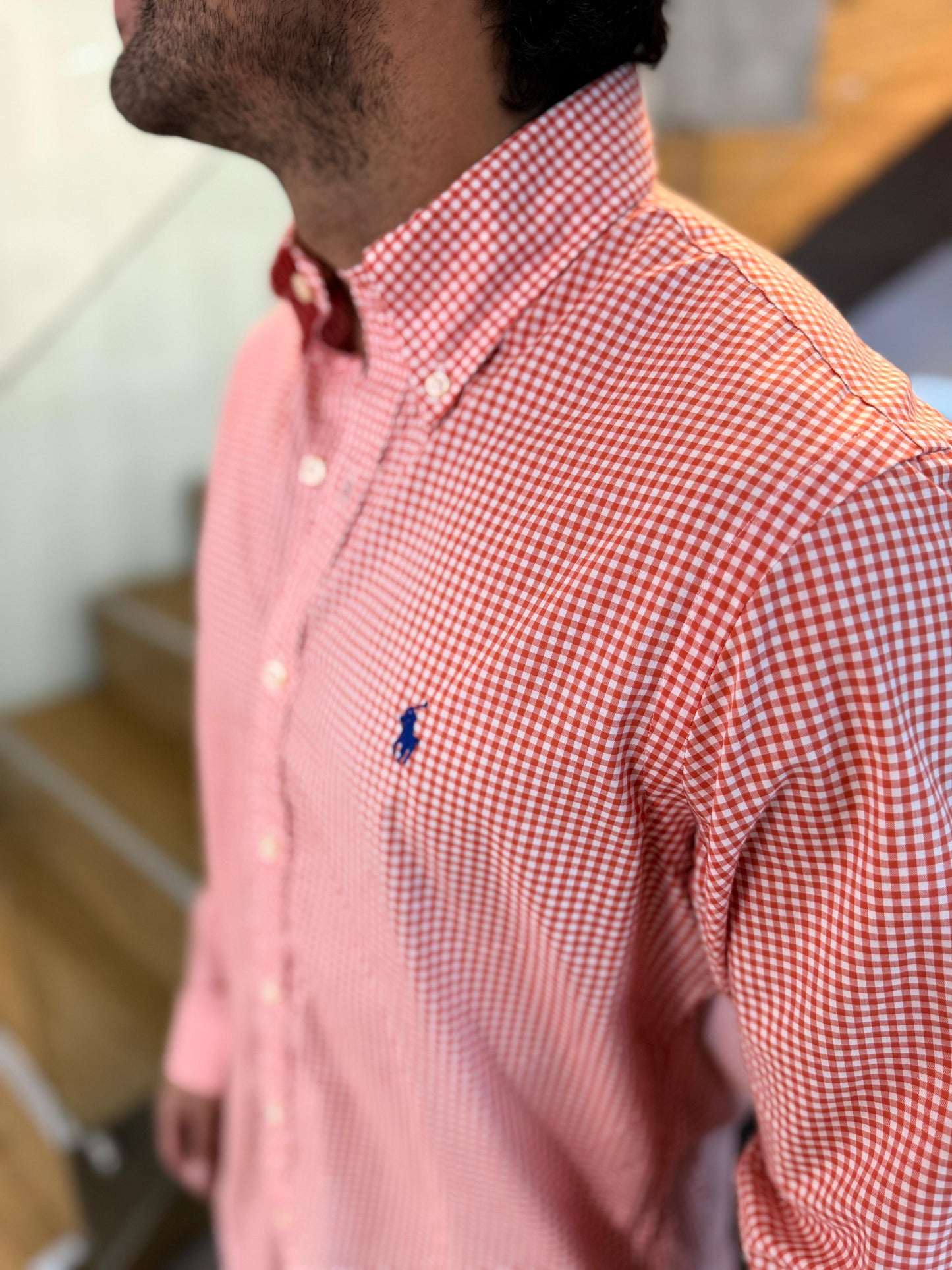 Camisa Polo R.L hombre Algodón Cuadros Naranjas Caballo Azul