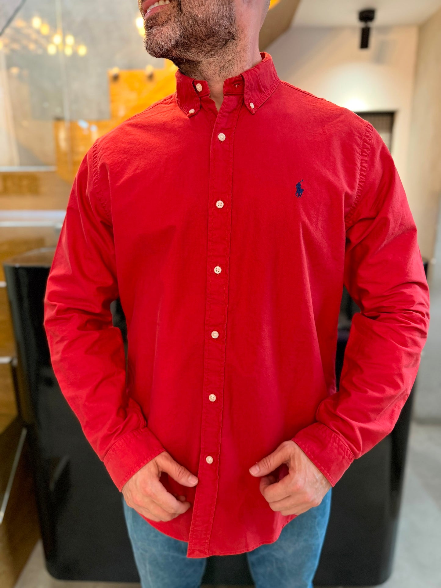 Camisa Polo R.L hombre Oxford Roja Caballo Azul